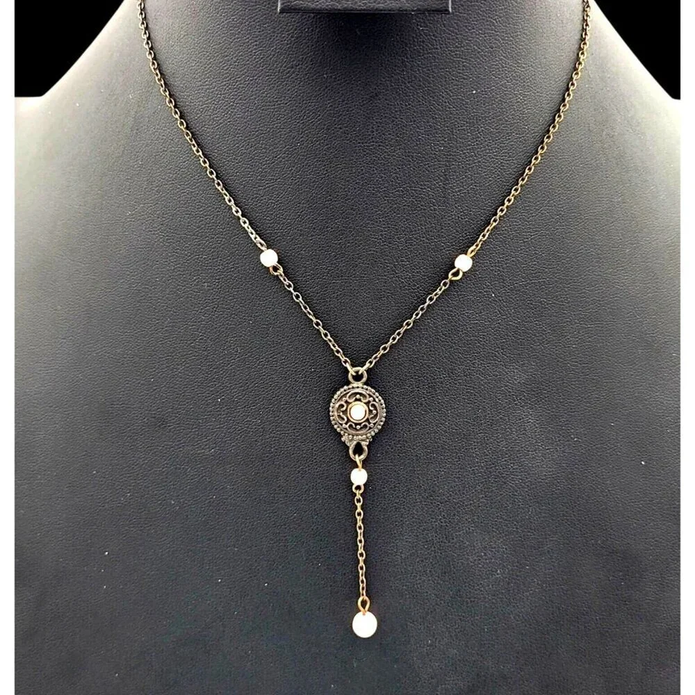 Vintage-Style Bronze Necklace Pink Pearl Accents & Ornate Central Pendant 16" - Picture 2 of 4